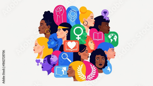 Diverse group of women faces with feminist symbols and icons, representing equality, empowerment, and unity in a colorful illustration with feminism
