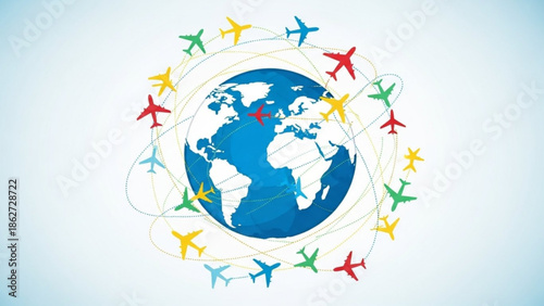 Global travel and transportation concept with airplanes flying around the earth, symbolizing international connections and journeys with flights