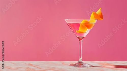 Vibrant cosmopolitan cocktail elegantly presented in a classic chilled glass against a pink backdrop