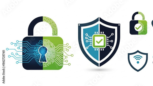 Cybersecurity concept with padlock, shield and checkmark icons on circuit board background, representing data protection and online safety with technology