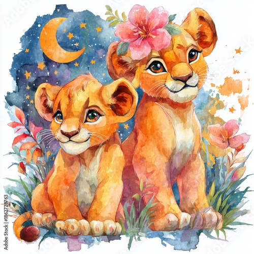Cute cartoon lionesses under a starry sky with a bright moon and blooming flowers