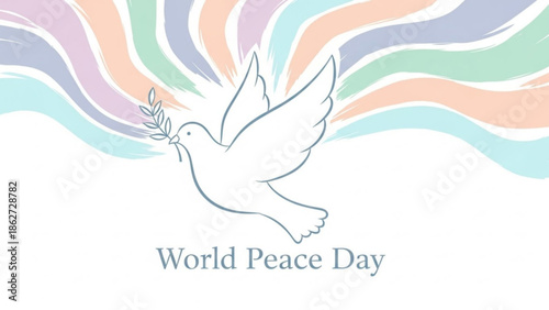 World peace day dove flying with olive branch colorful wave background symbolizing harmony and unity globally with symbolic and global unity
