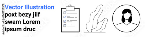 Task management, profile identification, branding design, wellness , professional tools, and team . Checklist, plant and female profile graphic. Task management and profile identification concept