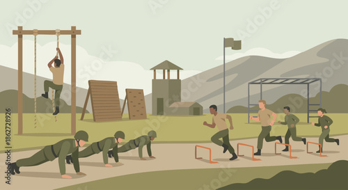 Military Training Camp

A flat vector illustration of soldiers training at an army camp. Scenes include push-ups, obstacle climbing, and running drills. 