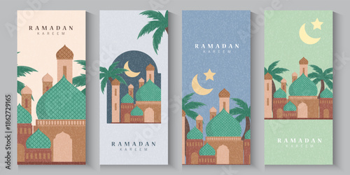 Ramadan Kareem. Islamic greeting card template with mosque, crescent, pattern, window and street for greeting card, background. eid mubarak poster cover  in art style design vector illustration.