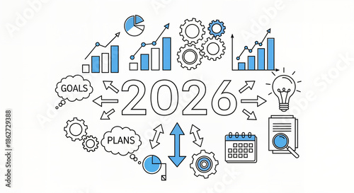 2026 Business Planning Line Art with Icons - Strategy, Goals, Analytics and Tech Outline Illustration

