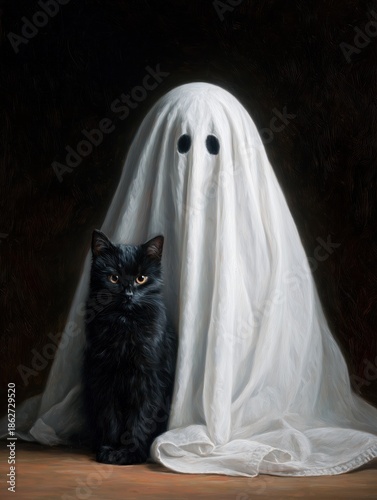 Charming ghost in a white sheet pairs playfully with a curious black cat on a cozy evening