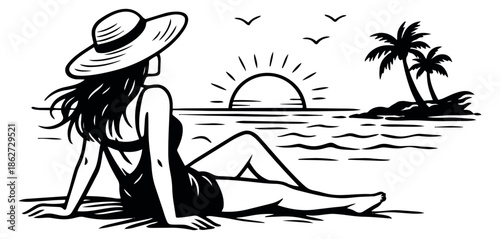 Hand drawn line art illustration of a woman watching a sunset on a tropical beach for summer vacation