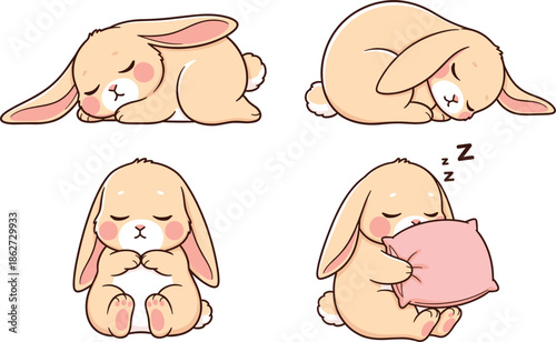 Cute Sleeping Bunny Character Set with Cozy Rabbit Poses and Pillow in Soft Kawaii Flat Vector Illustration Style