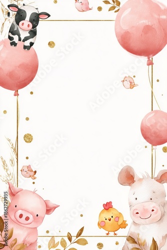 Cute farm animals celebrate a birthday with colorful balloons and charming designs in a delightful party invitation template