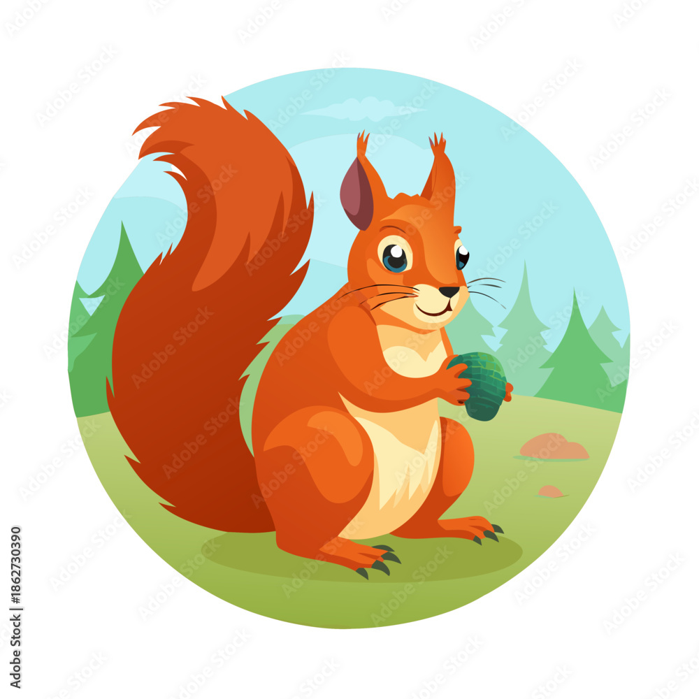 Obraz premium A cute cartoon vector illustration of an orange squirrel with a nut sitting on a forest branch featuring a long furry tail and funny red animal design