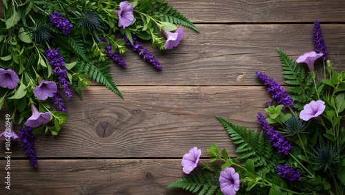 Purple Flowers Rustic Wooden Frame Botanical Illustration Ultra Realistic 8K