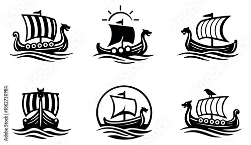 Graphic Viking ship set featuring dragon-headed longboats for historical and cultural designs
