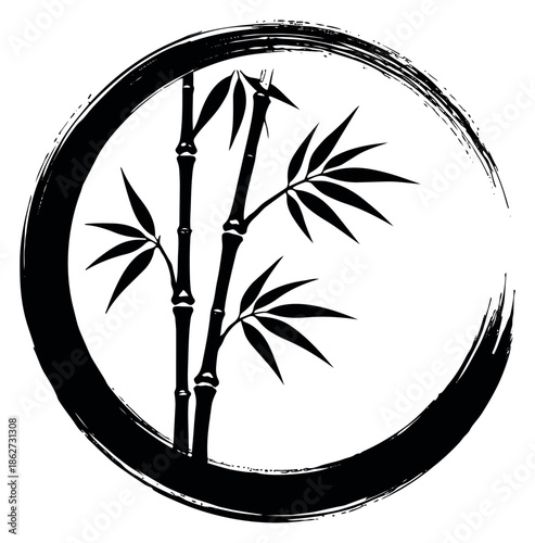 Minimalist hand drawn illustration of bamboo within a brush stroke circle depicting zen tranquility for design