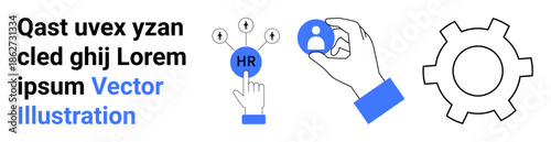 Hand interacting with HR button, user profile icon, and gear representing teamwork, process efficiency, and decision-making. Ideal for HR platforms, hiring, team collaboration, workflow corporate