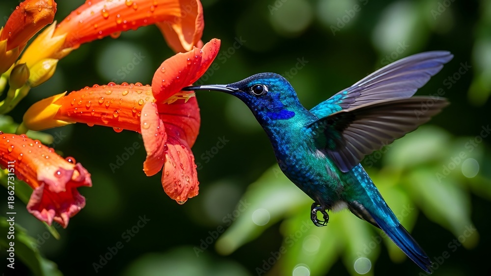 Obraz premium Hummingbird feeding on orange flower.