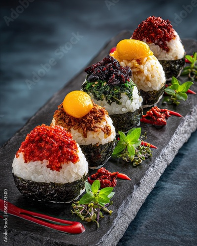 Gourmet Japanese Onigiri Rice Balls with Spicy Toppings and Egg Yolk, Traditional Japanese Cuisine on Stone Plate, Restaurant Style Food Photography