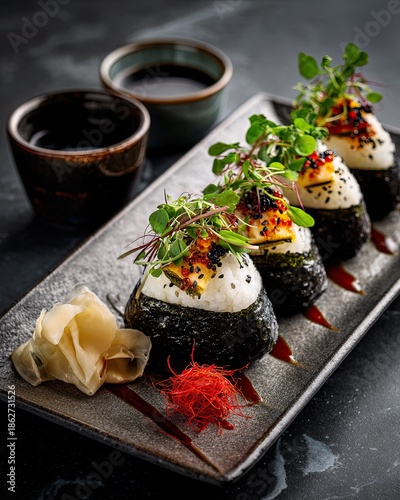 Gourmet Japanese Onigiri Rice Balls with Seaweed, Microgreens and Spicy Sauce, Modern Restaurant Style on Dark Stone Plate