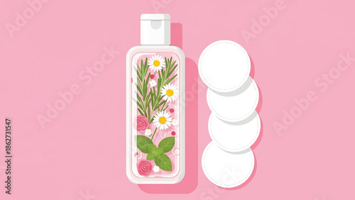 A pink illustration featuring a floral liquid bottle next to four cotton pads, suggesting skincare or beauty products. It is simple and clean