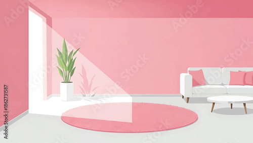 A pink-hued interior with a sofa, rug, and plant bathed in light from a doorway. Simple, minimalist design, focused on color and space