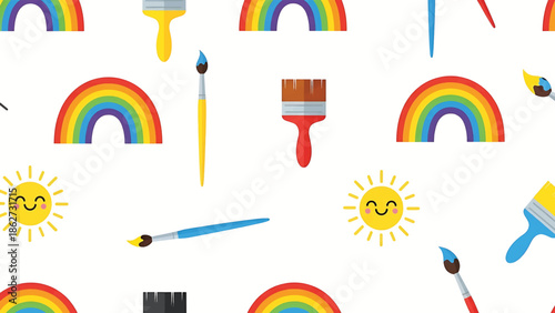 A playful repeating pattern showcases various art supplies and cheerful weather elements, including rainbows, suns, and paintbrushes, on a clean white background