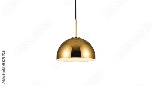 A polished gold-toned pendant light hangs from a black cable. It has a rounded, bell-shaped shade, reflecting light and surroundings
