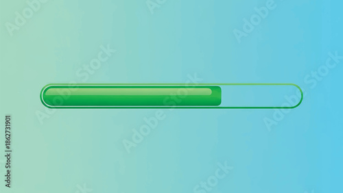 A progress bar in vibrant green rests on a gradient blue background. The bar indicates loading, with a filled section and a transparent section