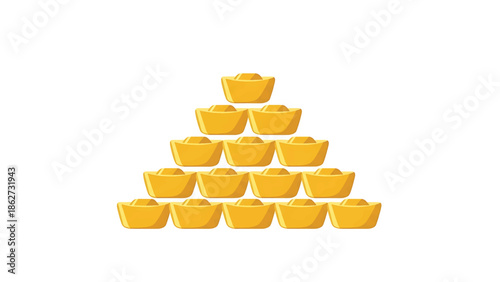 A pyramid of golden ingots on a white background, suggesting wealth and prosperity. The arrangement forms a triangle shape, focusing attention