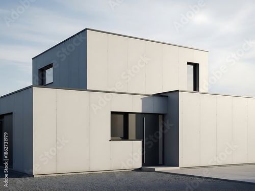 Geometric residence with concrete facade under soft light aesthetic render