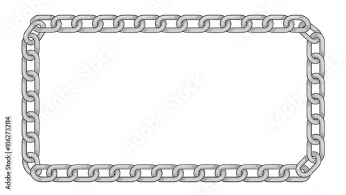A rectangular frame is formed by a chain of metallic links against a white background. Each link is gray with highlights