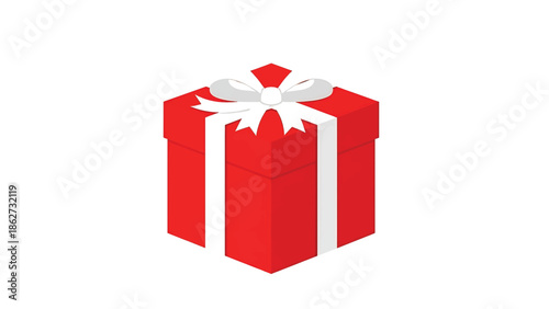 A red gift box with a white ribbon and bow, rendered with a flat illustration style against a white background. The box appears fully closed