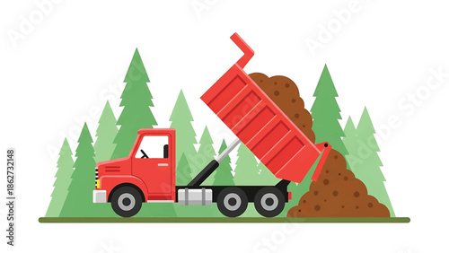 A red dumper truck is unloading a pile of soil in front of green pine trees on a simple, flat landscape