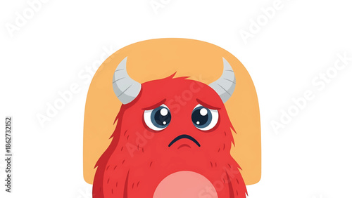 A red furry cartoon creature with sad eyes and horns, set against an orange background. It conveys a feeling of melancholy