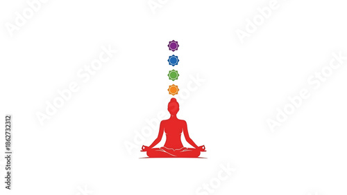 A red silhouette of a person in lotus position with colored energy centers above, symbolizing balance and wellness