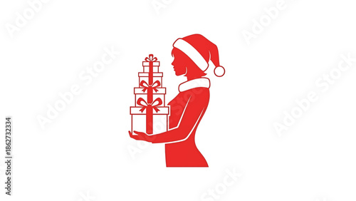 A red silhouette of a woman in a winter hat holding a stack of gifts tied with bows. Her profile faces left