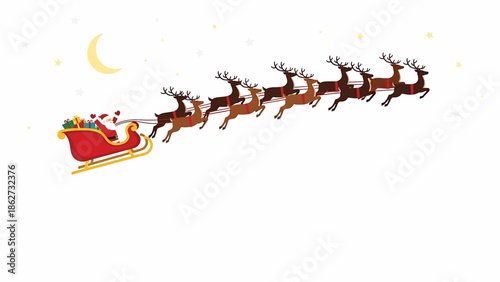 A red sleigh, pulled by reindeer, with a figure in a red suit, delivering gifts under a crescent moon and stars