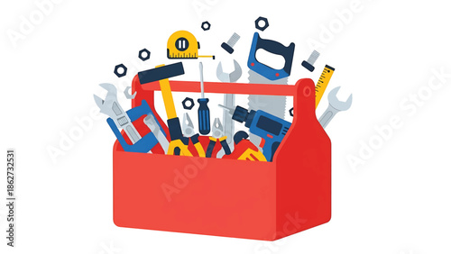 A red toolbox, filled with an assortment of common hand tools and hardware, is depicted against a clean white backdrop