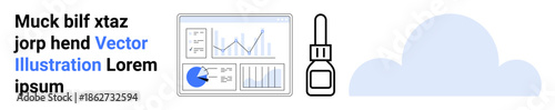 Data charts on a dashboard screen, medical dropper alongside cloud graphic. Ideal for analytics, technology, medicine, innovation, cloud computing, data visualization, simple landing page