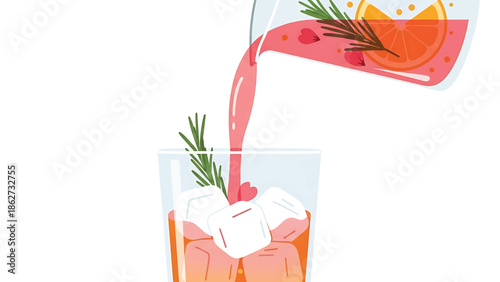 A refreshing drink being poured into a glass filled with ice cubes, topped with a sprig of rosemary. The pitcher contains fruit