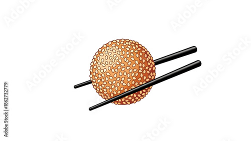 A round, sesame-covered treat is held by two black chopsticks on a white background. The food appears golden-brown