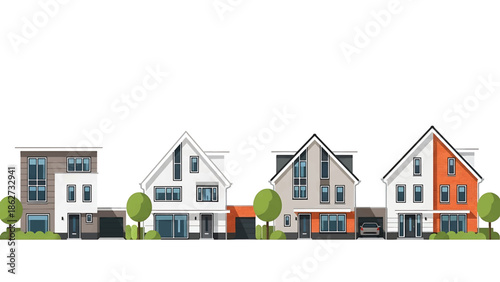 A row of modern houses is depicted in a graphic style. Each building showcases a distinct design with architectural details. Trees and a car add to the scenery