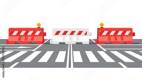 A road illustration showing a pedestrian crossing blocked by barricades. Two red and one white barricade with reflective stripes