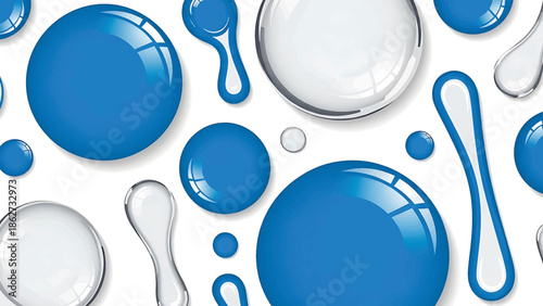 A seamless illustration features glossy, realistic water droplets in varying sizes, in shades of blue and clear. Background is plain white