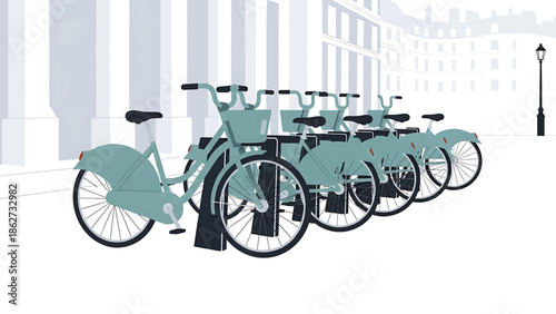 A row of shared bicycles, teal in color, is parked by the sidewalk against a cityscape background. The illustration has a simple, stylized aesthetic