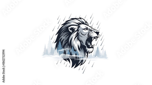 A roaring big cat's head in profile, roaring with visible teeth and mane. Rain falls around the beast. Forest scene in silhouette