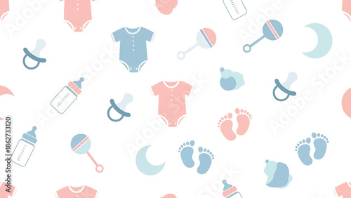A seamless pattern featuring baby-related icons on white. Includes baby clothes, pacifiers, rattles, baby bottles, footprints, and moons in soft colors