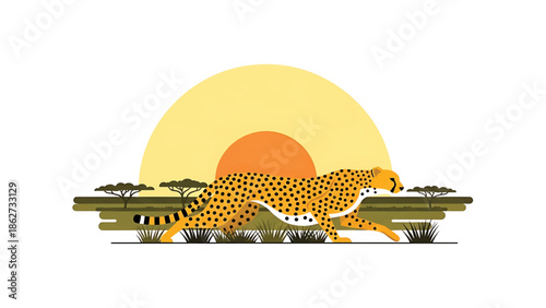 A running cheetah in a flat graphic illustration, rendered in warm tones, against a backdrop of African savanna with a sun
