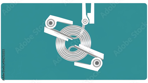 A robotic arm holding a metallic coil in an abstract illustration against a textured blue-green background. Minimalist design with a focus on form