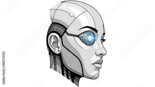 A robotic female head profile, depicted in shades of grey. A glowing blue eye contrasts the metallic design. Stylized, with shading