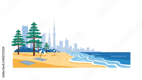 A seaside illustration of a beach with a city skyline in the background, including trees, umbrellas, and beach towels for relaxation